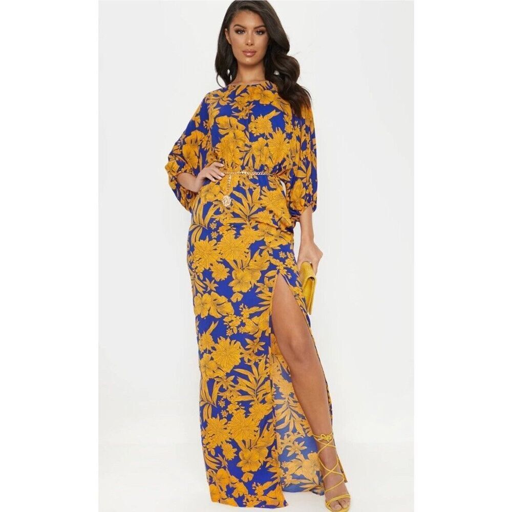 PrettyLittleThing Cobalt Tropical Print Batwing Split Leg Maxi Dress Sz 10 NWOT